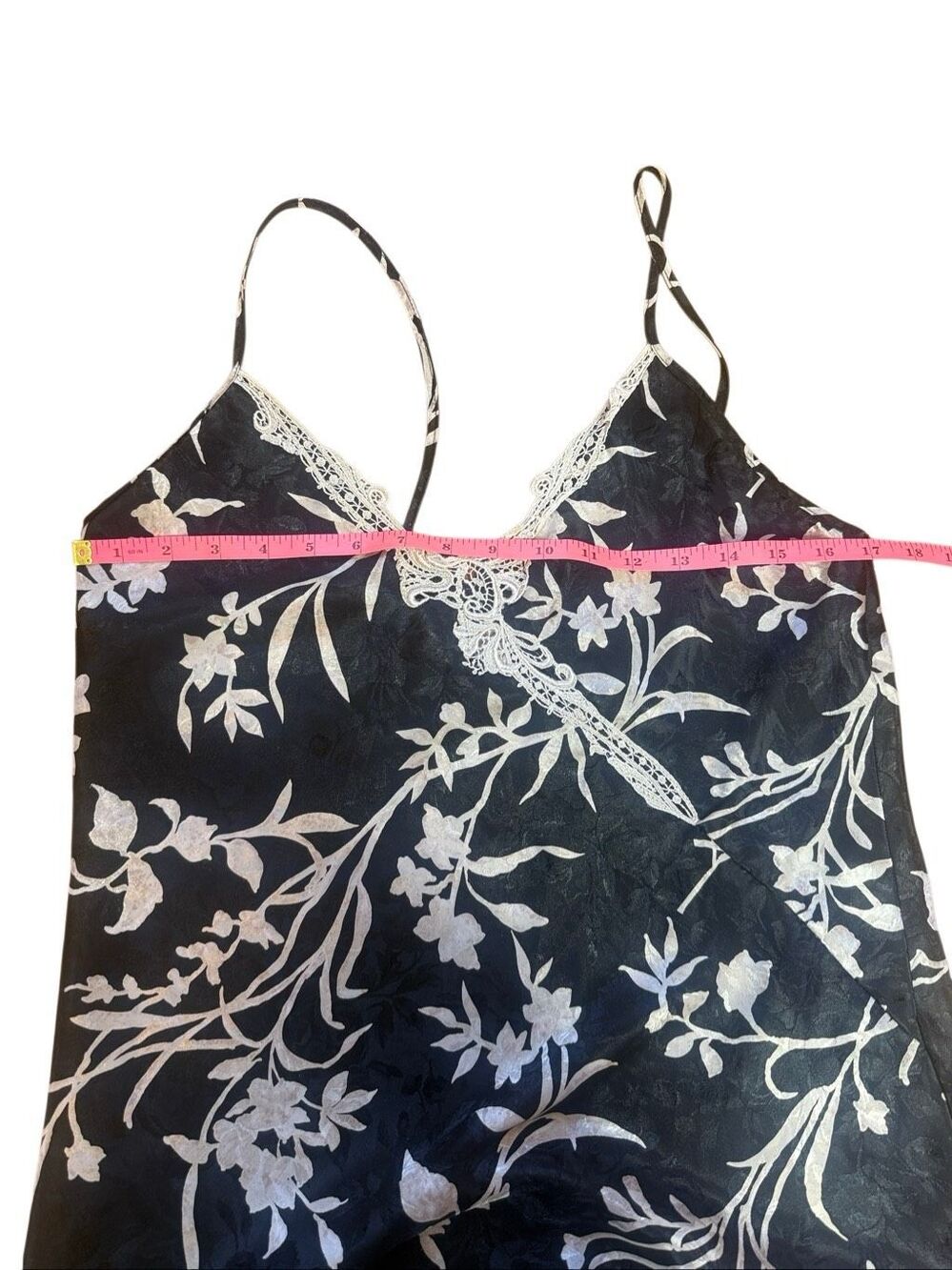 90s Vintage LA Intimates Black and Tan Floral Satin Slip Sleep Dress Medium - Picture 4 of 6